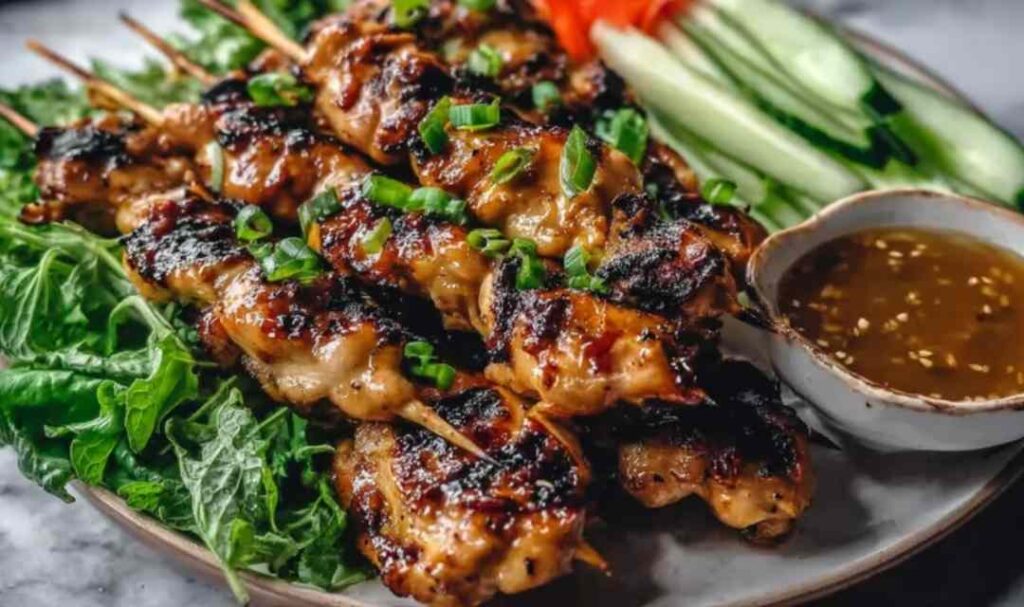 Grilled Vietnamese chicken thighs with lemongrass honey glaze, garnished with fresh cilantro and lime wedges on a white plate
