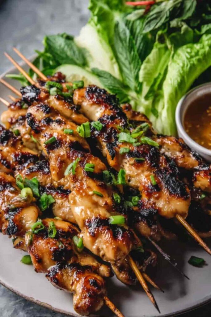 Grilled Vietnamese chicken thighs with lemongrass honey glaze, garnished with fresh cilantro and lime wedges on a white plate