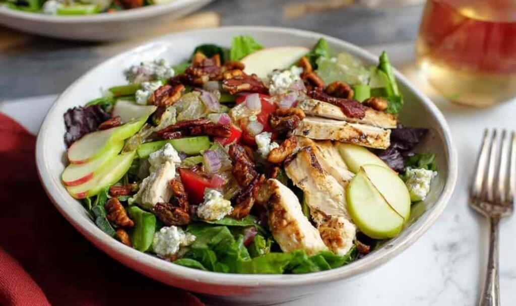Fall harvest chicken salad with grilled chicken, apple slices, pecans, cranberries, and maple Dijon dressing in a white bowl