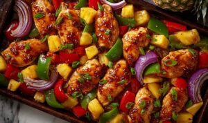 Hawaiian chicken sheet pan with caramelized pineapple chunks, red and yellow bell peppers, and teriyaki glaze on a parchment-lined baking sheet