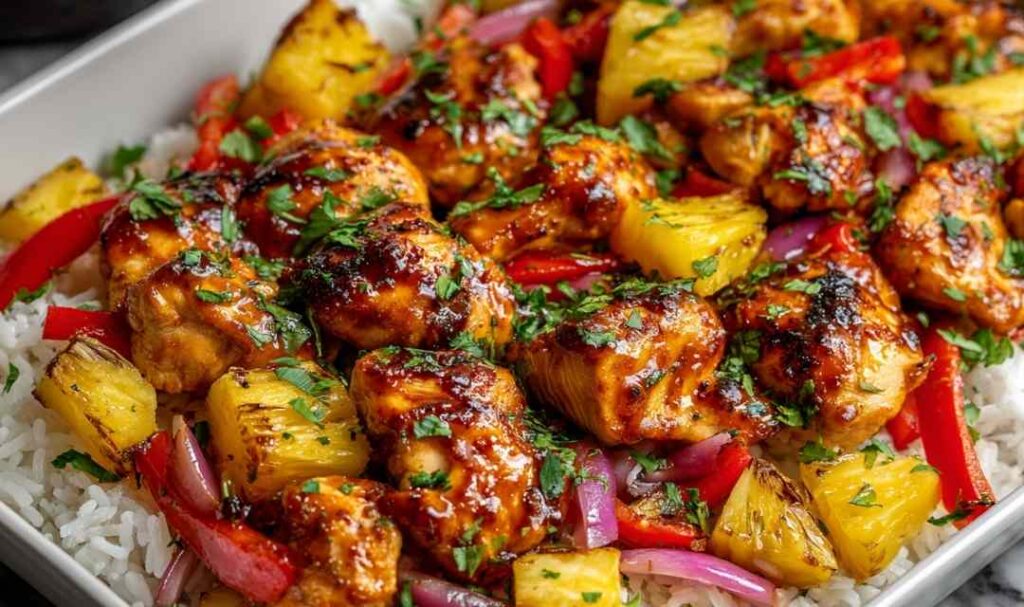 Hawaiian chicken sheet pan with caramelized pineapple chunks, red and yellow bell peppers, and teriyaki glaze on a parchment-lined baking sheet