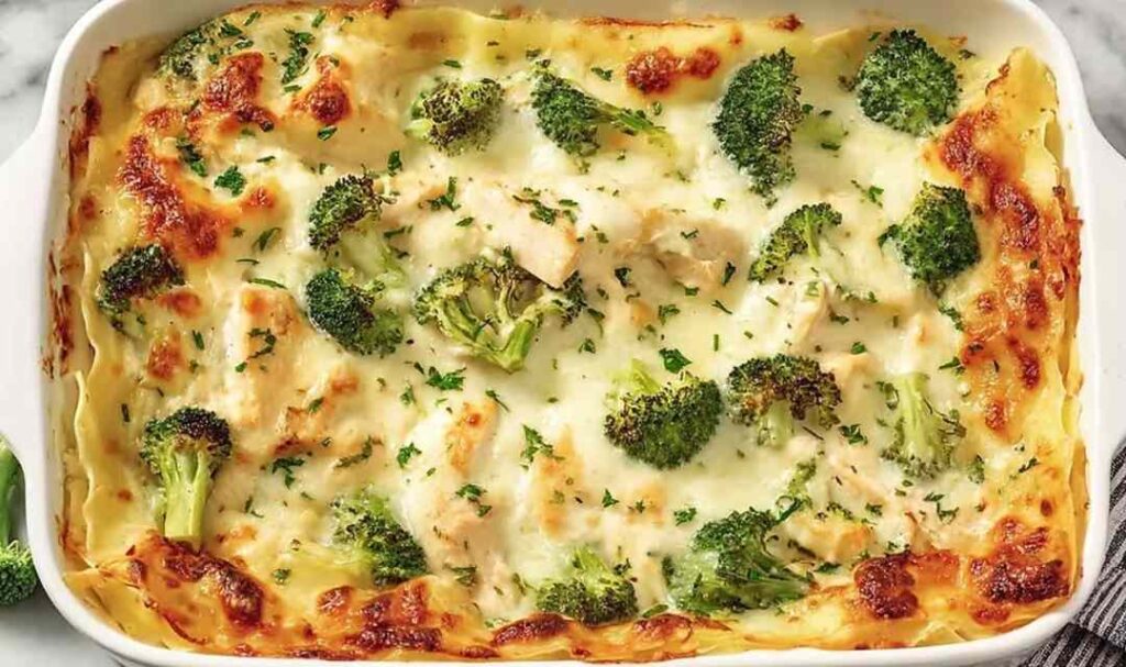Healthy chicken and broccoli lasagna slice on a white plate with golden melted mozzarella
