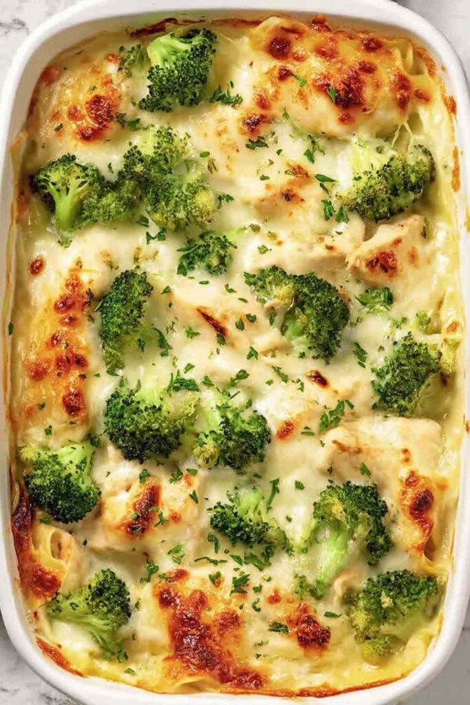 Healthy chicken and broccoli lasagna slice on a white plate with golden melted mozzarella