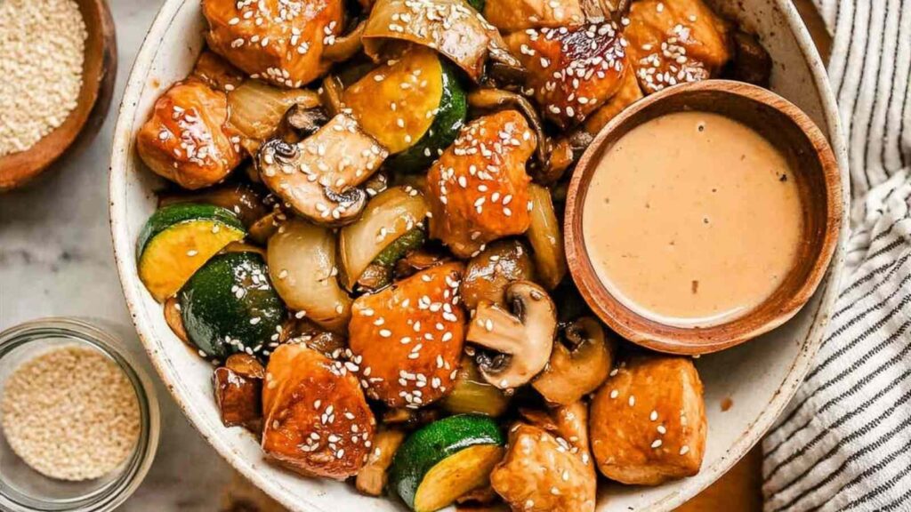 Hibachi chicken and vegetables in a skillet with golden seared chicken breast pieces, zucchini, mushrooms, carrots, and onion