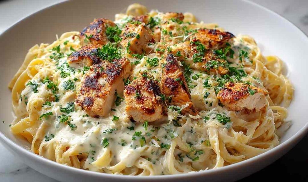 High protein chicken Alfredo in a skillet with fettuccine, sliced chicken thighs, and creamy cottage cheese parmesan sauce