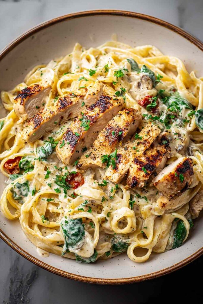High protein chicken Alfredo in a skillet with fettuccine, sliced chicken thighs, and creamy cottage cheese parmesan sauce