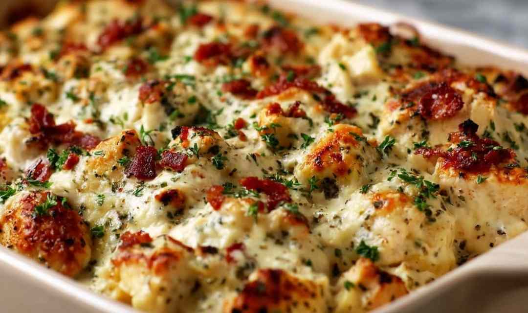 High protein chicken bake in a white baking dish with golden cheese topping fresh from the oven