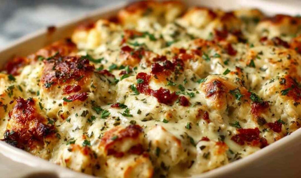 High Protein Chicken Bake 5 High protein chicken bake in a white baking dish with golden cheese topping fresh from the oven
