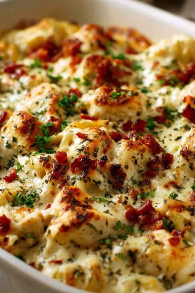 High Protein Chicken Bake 6 High protein chicken bake in a white baking dish with golden cheese topping fresh from the oven