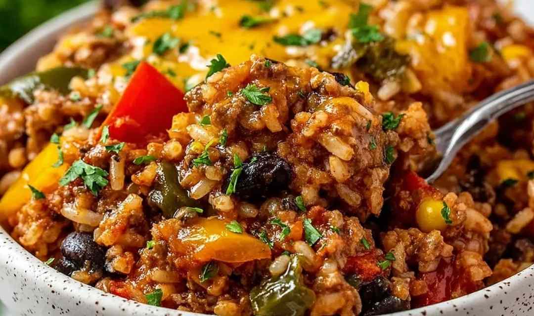 High protein unstuffed peppers in a skillet with melted cheddar cheese and fresh parsley