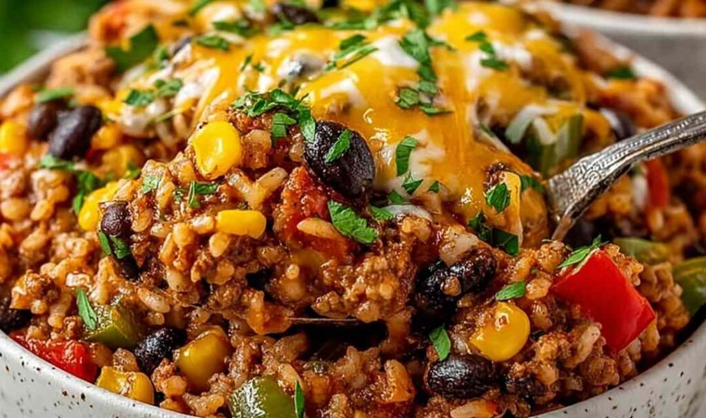 High protein unstuffed peppers in a skillet with melted cheddar cheese and fresh parsley