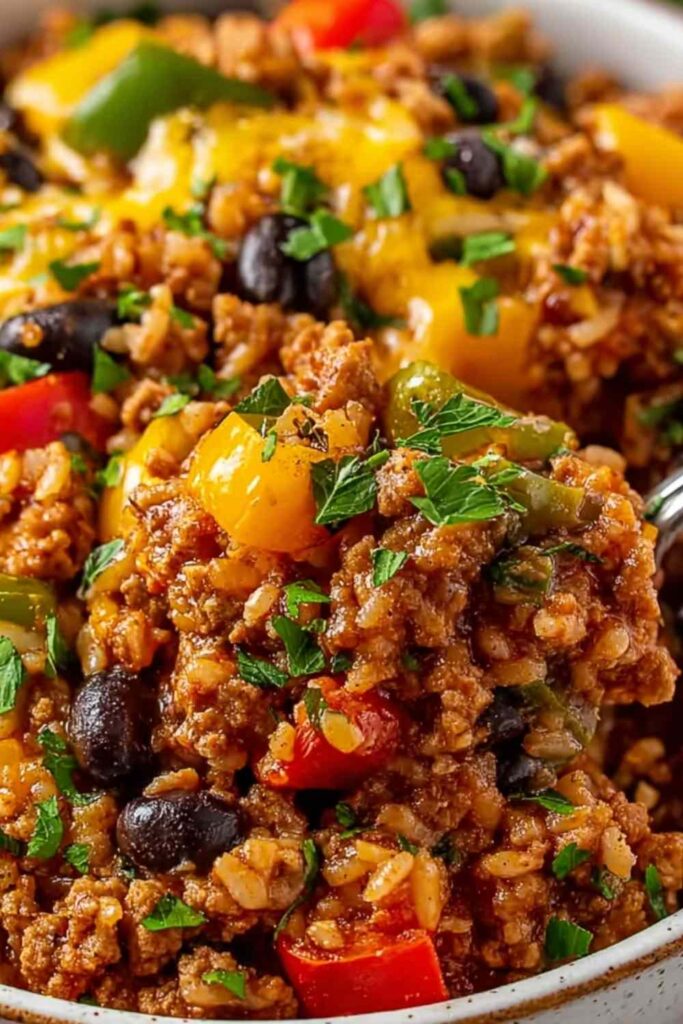 High protein unstuffed peppers in a skillet with melted cheddar cheese and fresh parsley