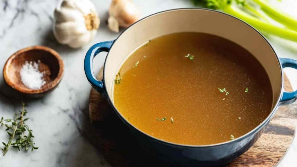Homemade chicken broth simmering in a large stockpot with whole chickens and vegetables