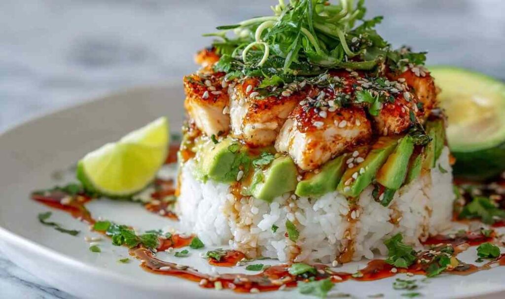 Honey lime chicken avocado rice stack on a white plate topped with fresh cilantro and lime dressing
