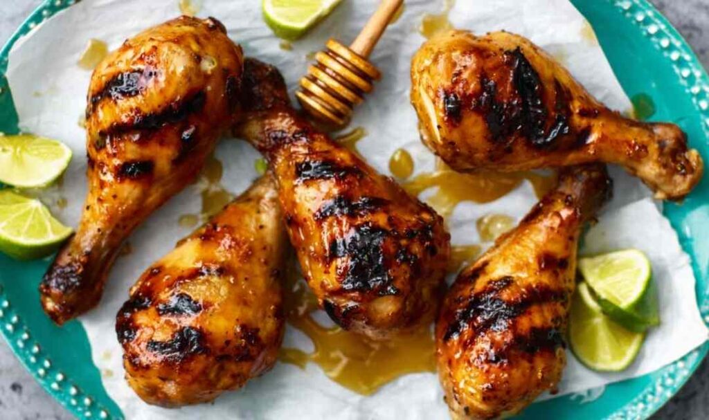 Grilled honey lime chicken drumsticks with reduced glaze on a white serving plate with lime wedges