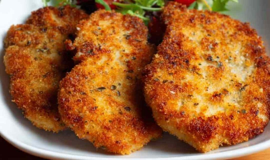Crispy golden breaded chicken cutlets on a white plate ready to serve