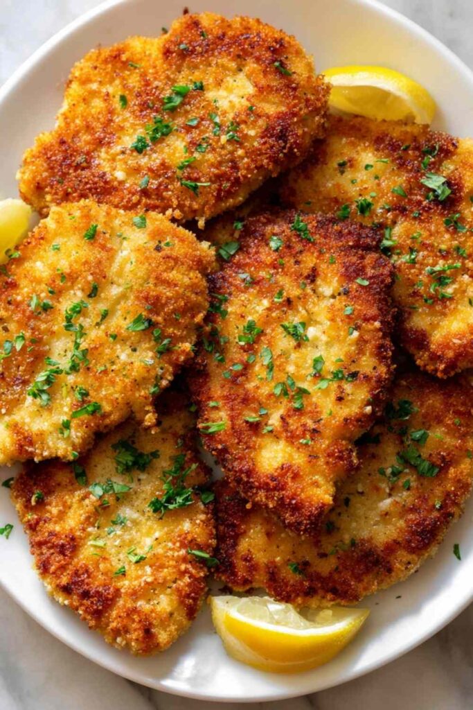 Crispy golden breaded chicken cutlets on a white plate ready to serve