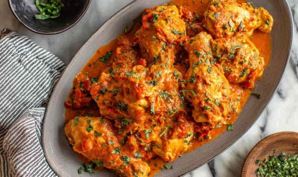 Creamy chicken paprikash in a white bowl over buttered egg noodles garnished with fresh parsley