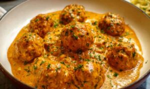 Hungarian paprikash chicken meatballs in silky sour cream paprika sauce served over buttered egg noodles