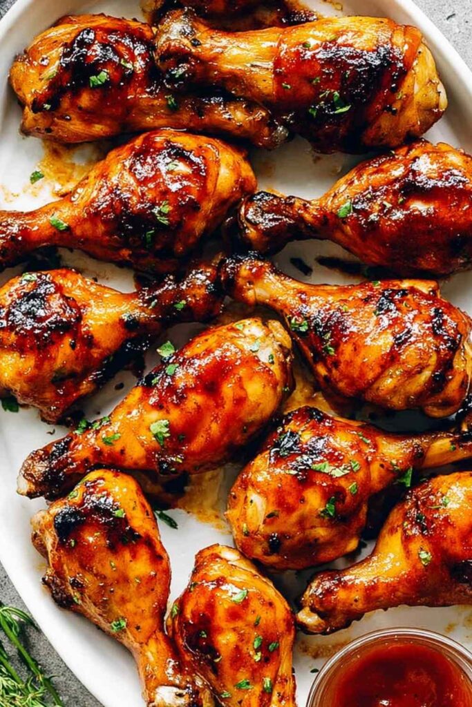 Instant Pot BBQ Chicken Drumsticks with caramelized BBQ glaze on a white serving plate