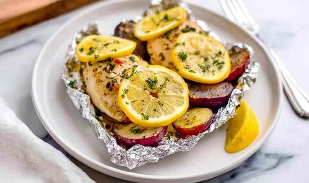 Lemon chicken foil packet opened on a baking sheet showing juicy Italian-seasoned chicken breast with buttery baby potatoes and lemon rounds