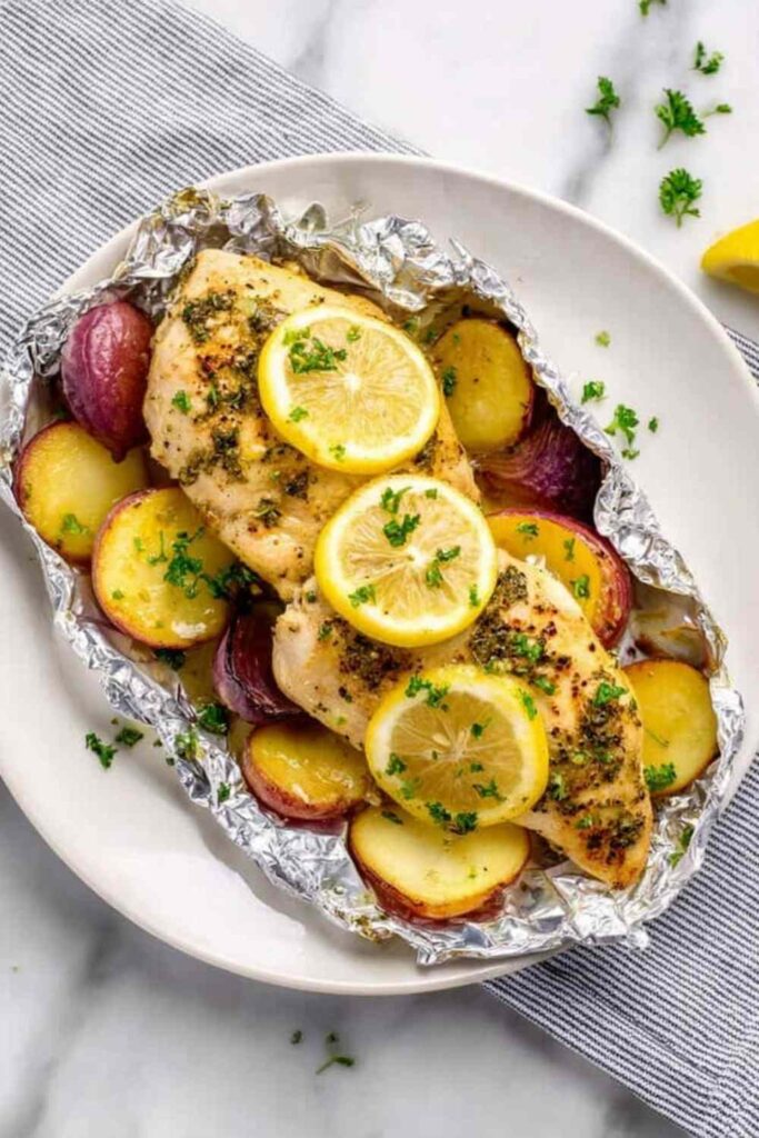 Lemon chicken foil packet opened on a baking sheet showing juicy Italian-seasoned chicken breast with buttery baby potatoes and lemon rounds