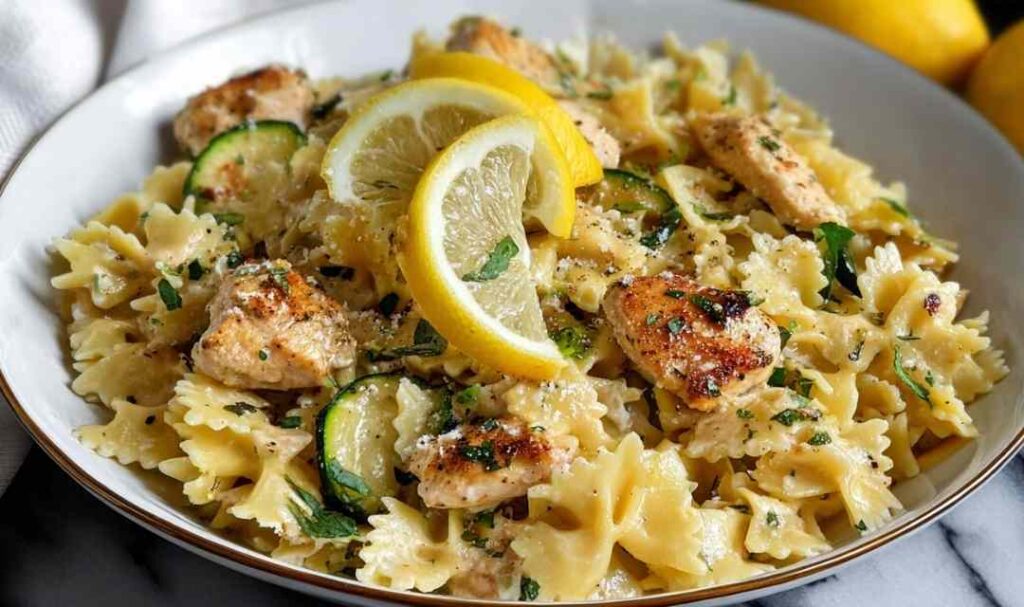 Lemon Chicken Pasta 5 Lemon chicken pasta with mini farfalle, sliced golden seared chicken, zucchini, yellow squash, and freshly grated parmesan in a skillet