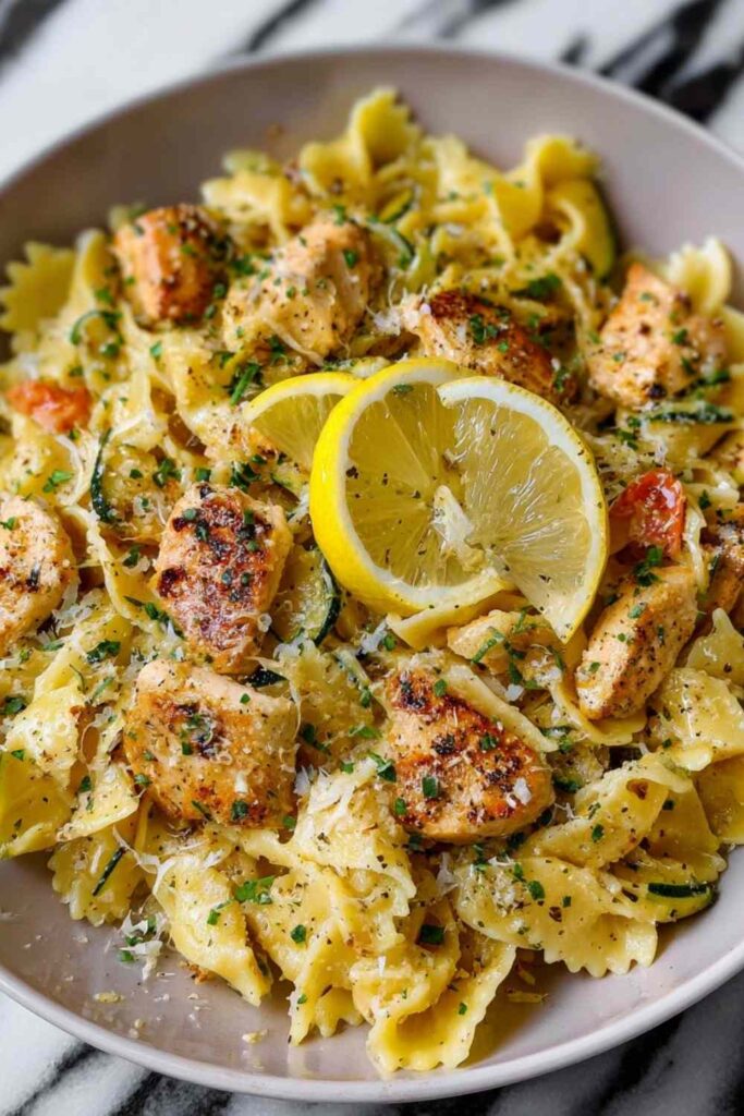 Lemon Chicken Pasta 6 Lemon chicken pasta with mini farfalle, sliced golden seared chicken, zucchini, yellow squash, and freshly grated parmesan in a skillet