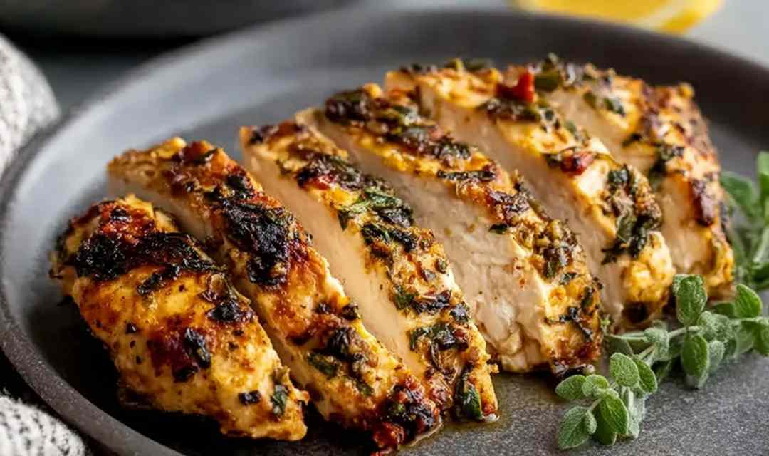 Juicy lemon Mediterranean chicken breast grilled golden with fresh parsley and lemon slices on white plate