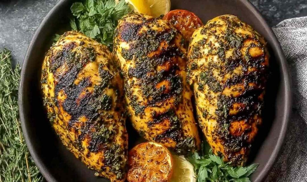 Juicy lemon Mediterranean chicken breast grilled golden with fresh parsley and lemon slices on white plate