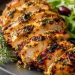 Juicy lemon Mediterranean chicken breast grilled golden with fresh parsley and lemon slices on white plate