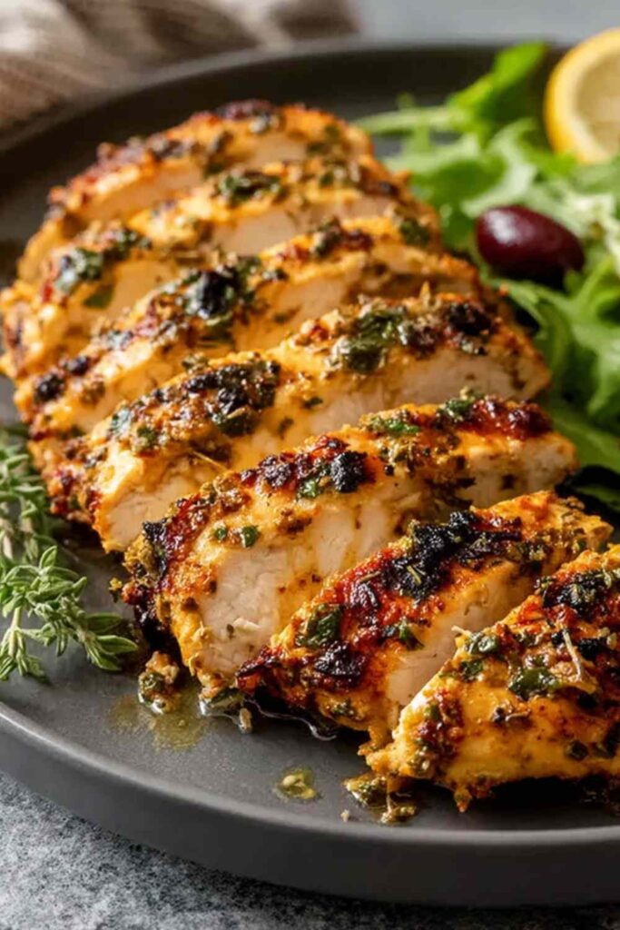 Juicy lemon Mediterranean chicken breast grilled golden with fresh parsley and lemon slices on white plate