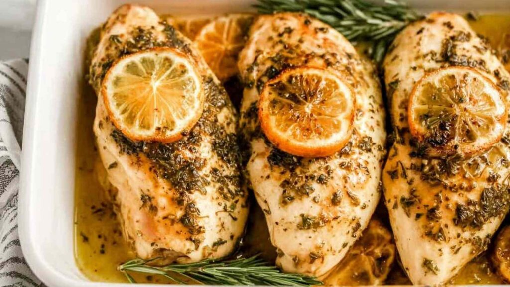 Golden seared lemon rosemary chicken breasts in a white baking dish with fresh lemon slices and rosemary sprigs