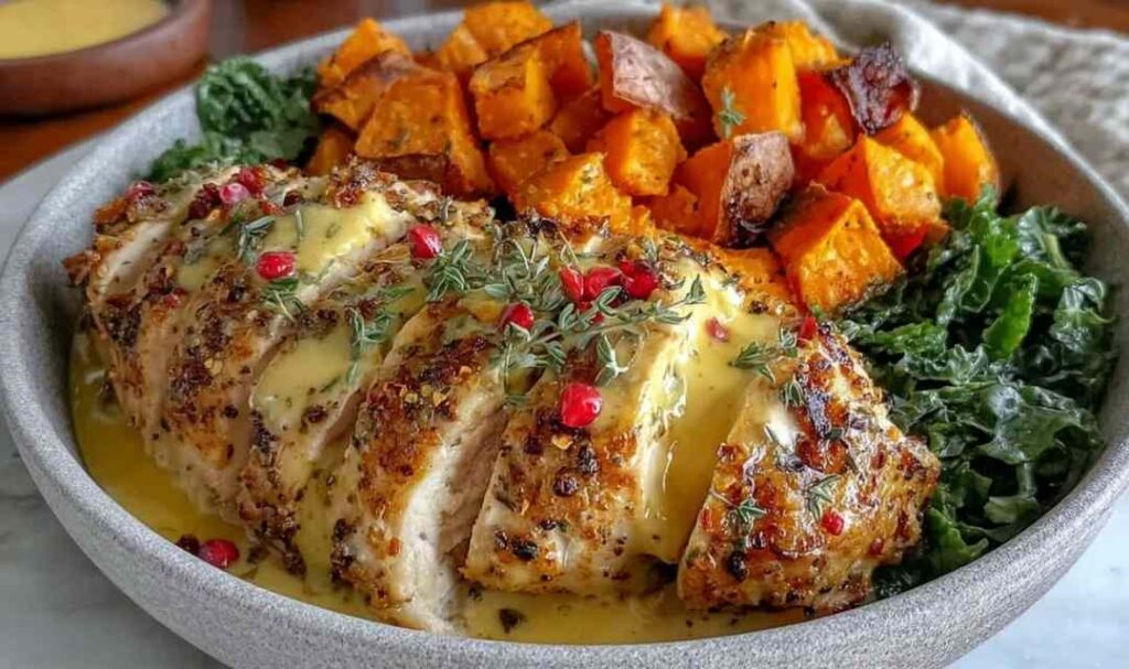 Maple Dijon Chicken Bowl with roasted sweet potatoes, toasted pecans, dried cranberries, and maple dijon dressing in a white bowl photographed from above