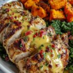 Maple Dijon Chicken Bowl with roasted sweet potatoes, toasted pecans, dried cranberries, and maple dijon dressing in a white bowl photographed from above