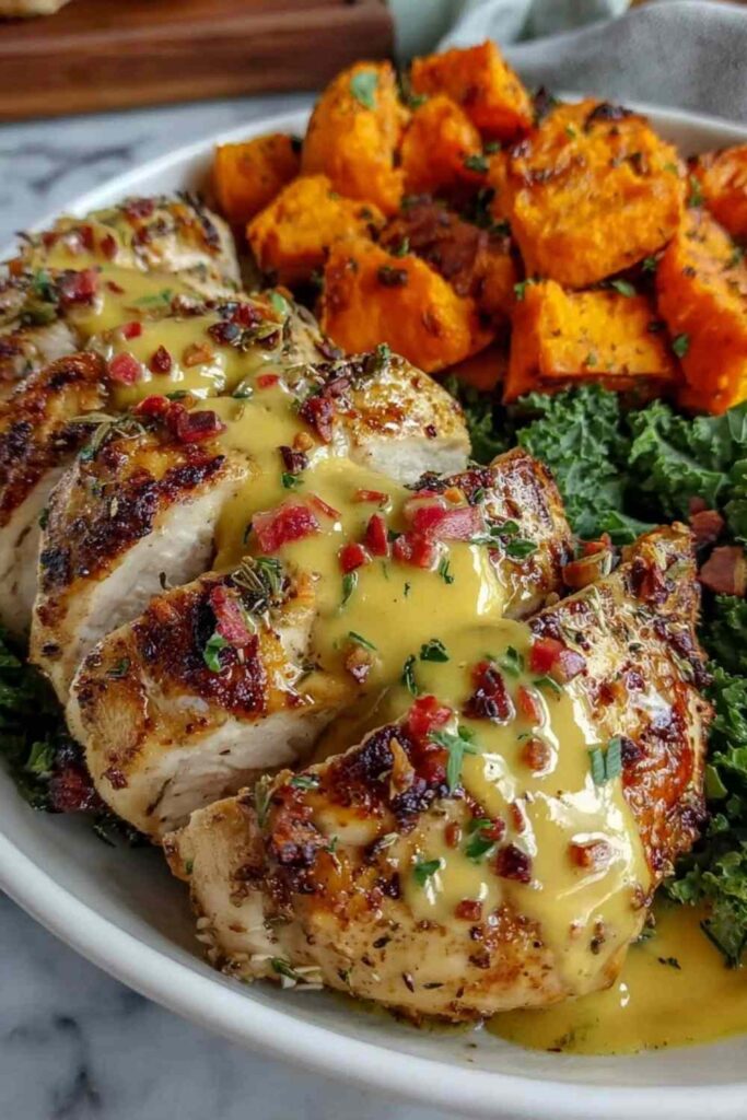 Maple Dijon Chicken Bowl with roasted sweet potatoes, toasted pecans, dried cranberries, and maple dijon dressing in a white bowl photographed from above