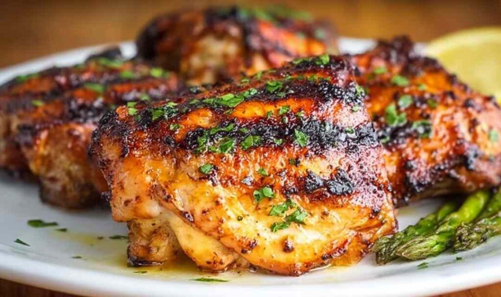 Bone-in grilled chicken thighs with crispy golden skin cooking on a grill grate