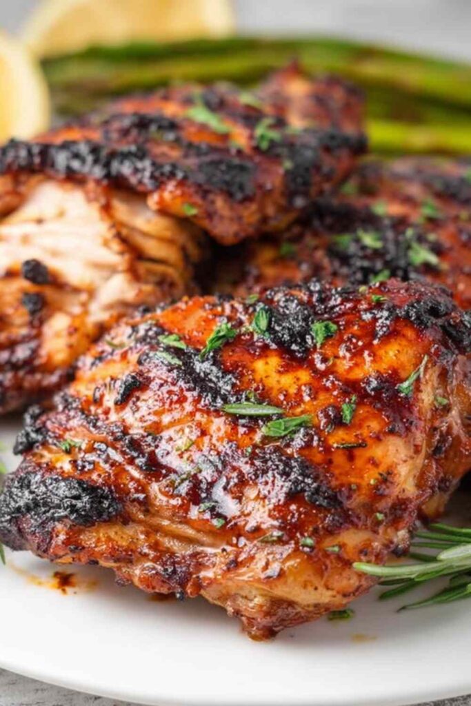 Bone-in grilled chicken thighs with crispy golden skin cooking on a grill grate