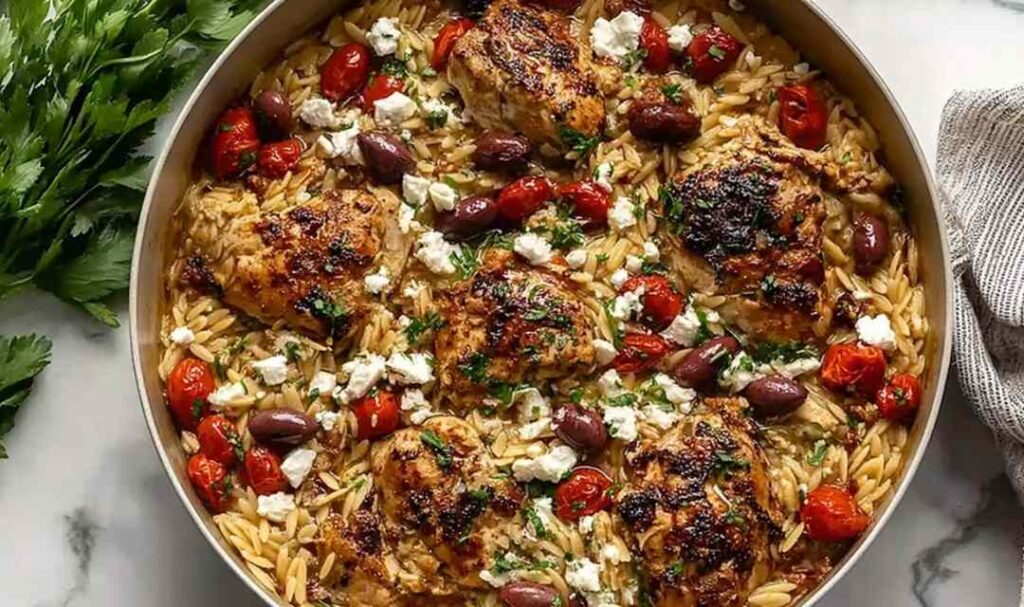 One-pot Mediterranean chicken orzo with cherry tomatoes, kalamata olives, and crumbled feta cheese in a Dutch oven
