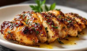 Melt in your mouth chicken breast baked with creamy Parmesan topping, golden and juicy on a white plate