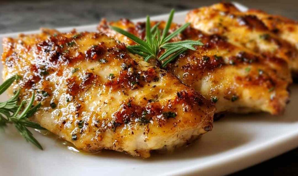 Melt in your mouth chicken breast baked with creamy Parmesan topping, golden and juicy on a white plate