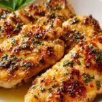 Melt in your mouth chicken breast baked with creamy Parmesan topping, golden and juicy on a white plate