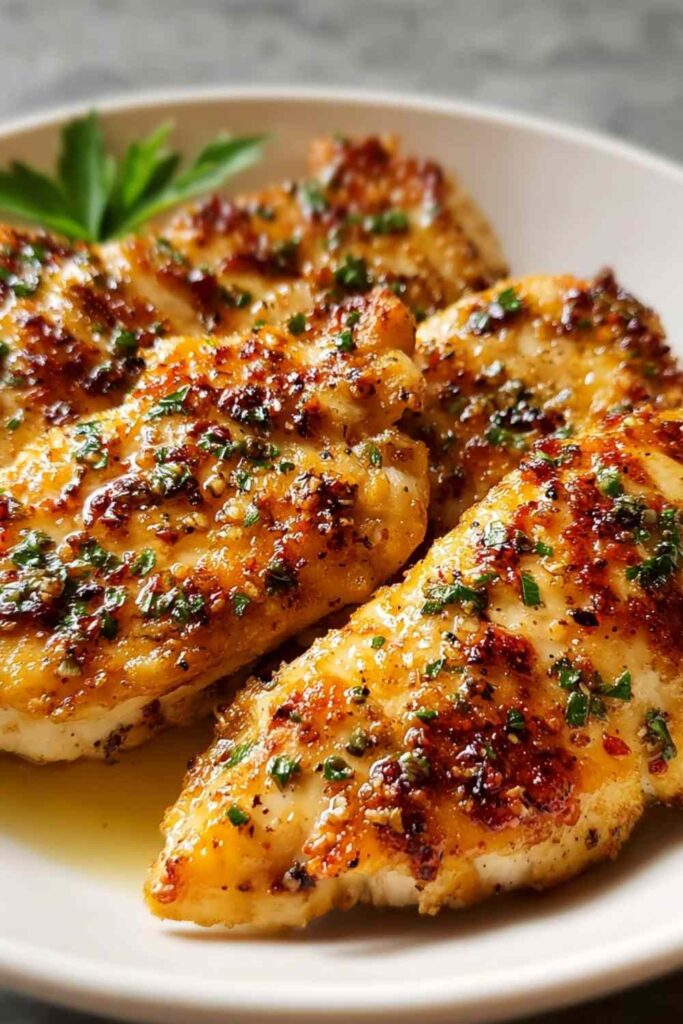 Melt in your mouth chicken breast baked with creamy Parmesan topping, golden and juicy on a white plate