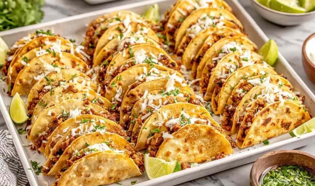 Mini Baked Chicken Tacos 5 Mini baked chicken tacos on a baking sheet fresh from the oven, golden and crispy with melted colby jack cheese