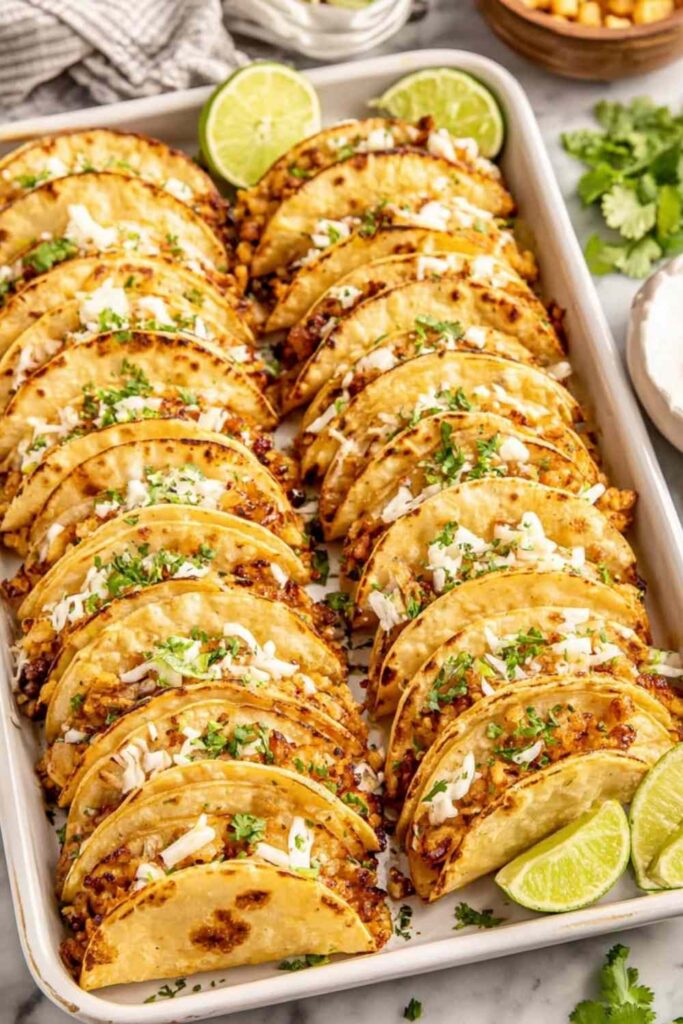 Mini Baked Chicken Tacos 6 Mini baked chicken tacos on a baking sheet fresh from the oven, golden and crispy with melted colby jack cheese