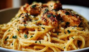 Monterey Chicken Spaghetti Creamy Monterey Chicken Spaghetti in a large skillet topped with sliced green onions and fresh parsley