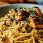 Creamy Monterey Chicken Spaghetti in a large skillet topped with sliced green onions and fresh parsley