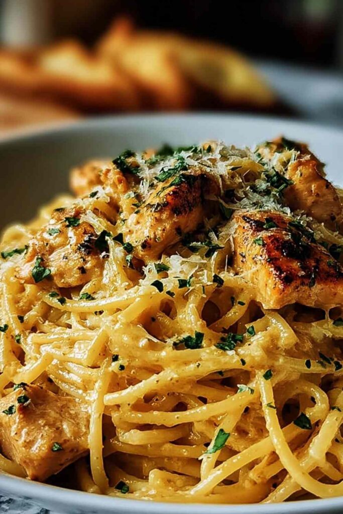 Monterey Chicken Spaghetti 6 Creamy Monterey Chicken Spaghetti in a large skillet topped with sliced green onions and fresh parsley