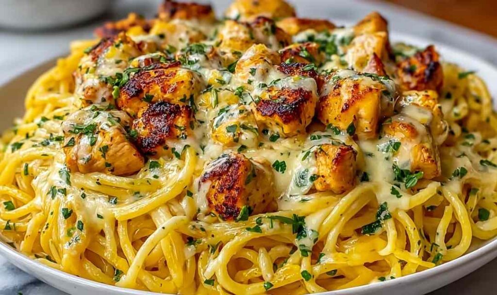 Monterey Chicken Spaghetti Pasta 5 Monterey chicken spaghetti pasta in a skillet with melted Monterey Jack cheese and chopped parsley