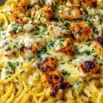 Monterey chicken spaghetti pasta in a skillet with melted Monterey Jack cheese and chopped parsley